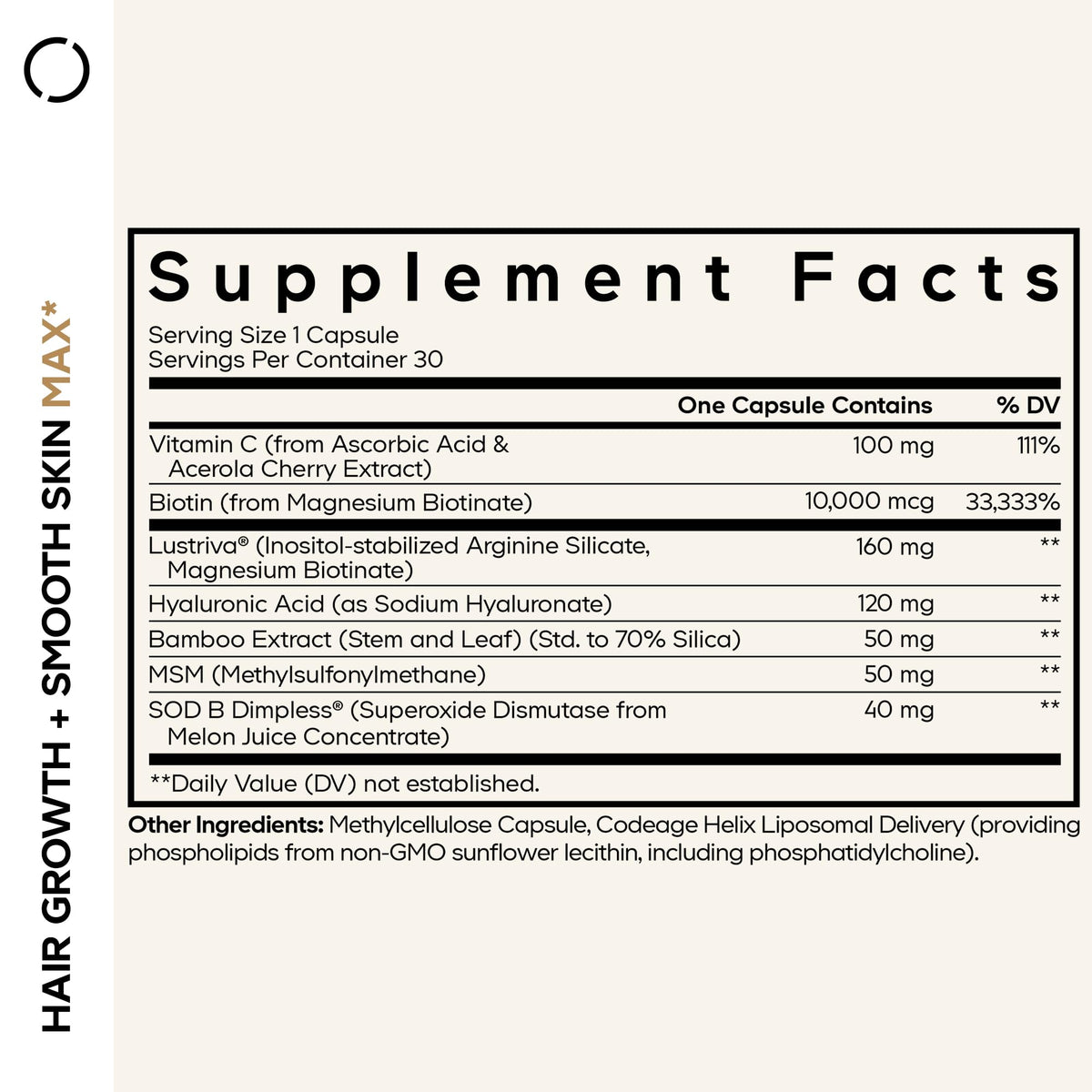 Codeage Compléments Alimentaires Cheveux et Peau Lustriva 30 capsules de côté