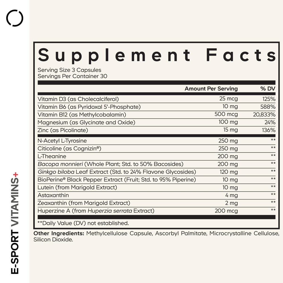 Codeage E-Sport Vitamins 90 Capsules vue arrière montrant les ingrédients