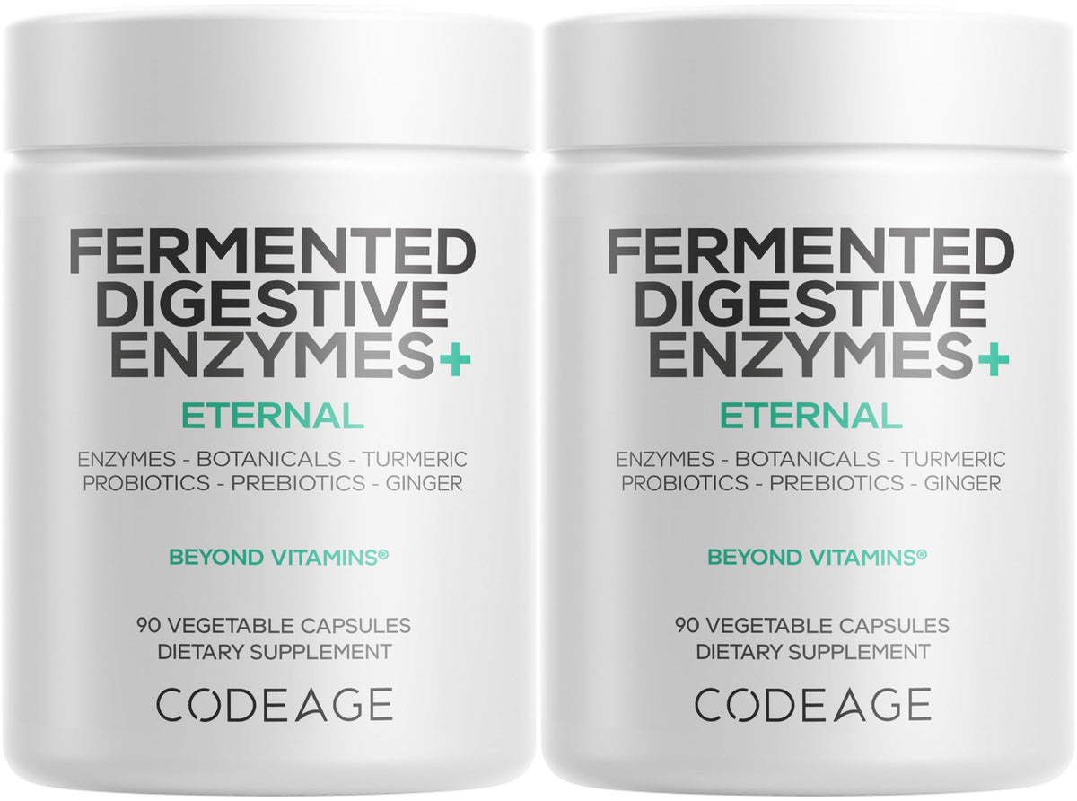 Codeage Enzymes Fermentés 14 Enzymes + Probiotiques, vue avant du flacon
