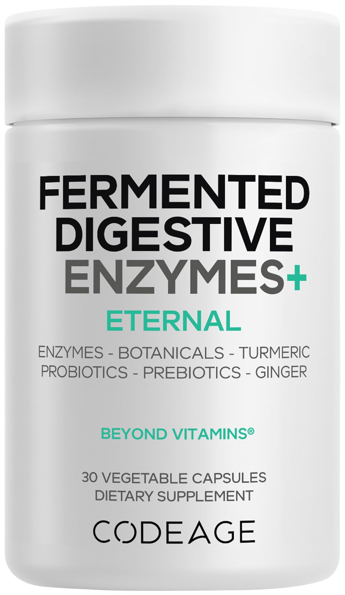 Codeage Enzymes Fermentés 30 Capsules, vue avant du flacon
