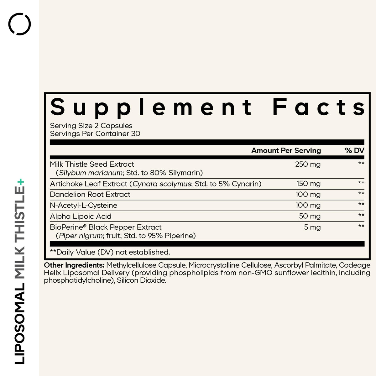 Codeage Liposomal Chardon-Marie+ côté du flacon montrant les informations