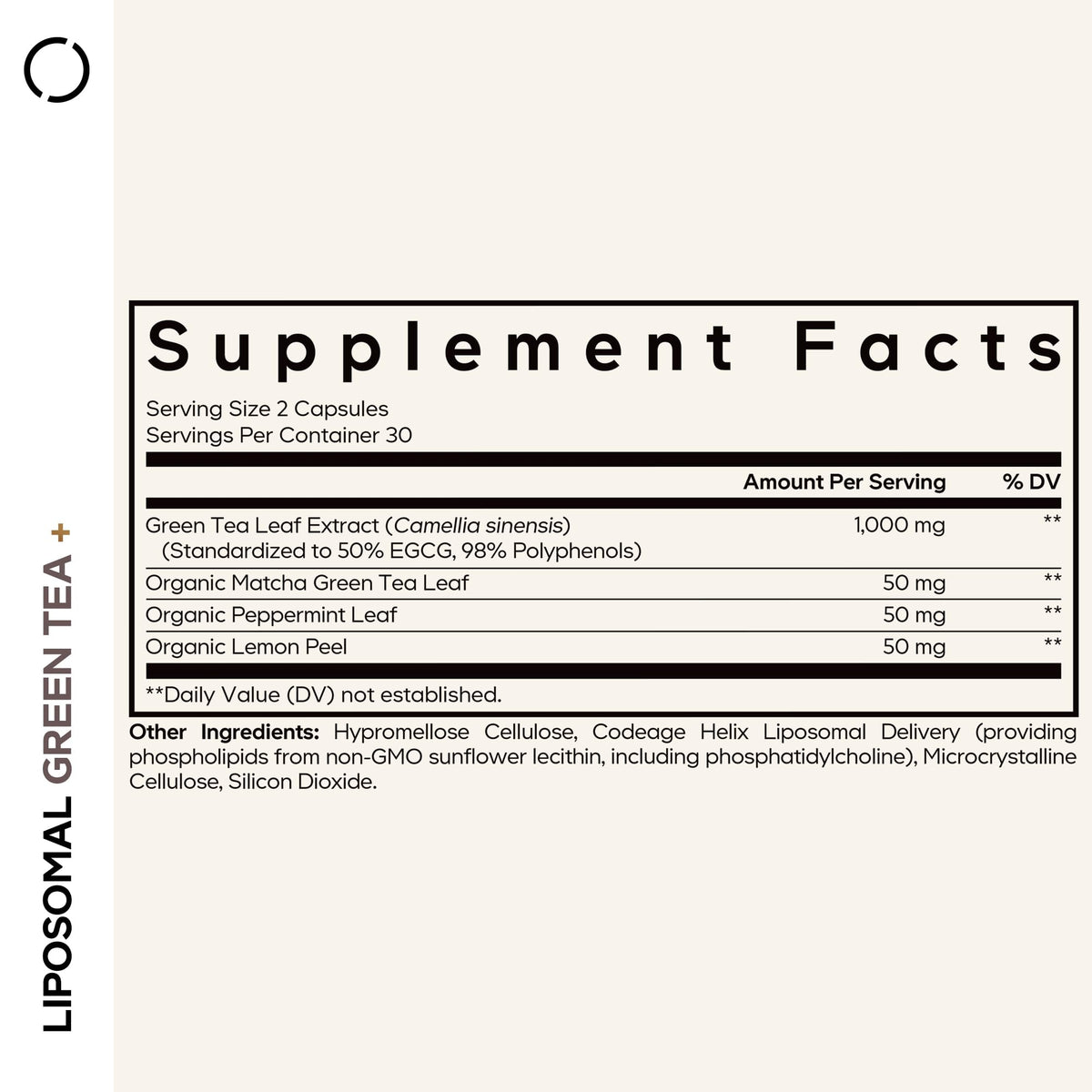 Codeage Liposomal Green Tea+ 60 capsules avec étiquette détaillée