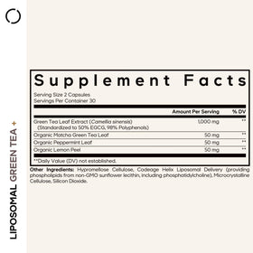 Codeage Liposomal Green Tea+ 60 capsules avec étiquette détaillée