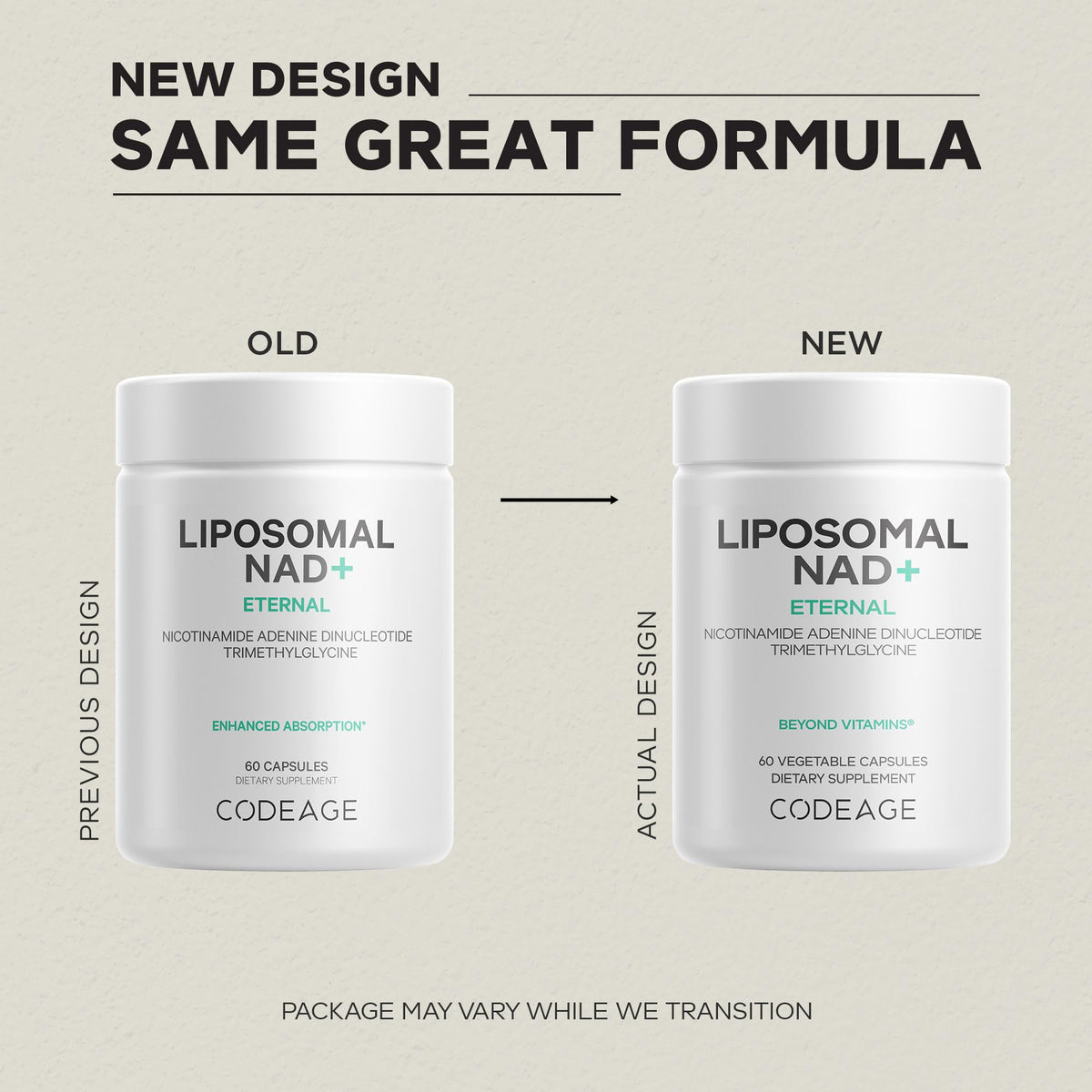 Codeage Liposomal NAD+ 500mg, capsules à côté d'une main