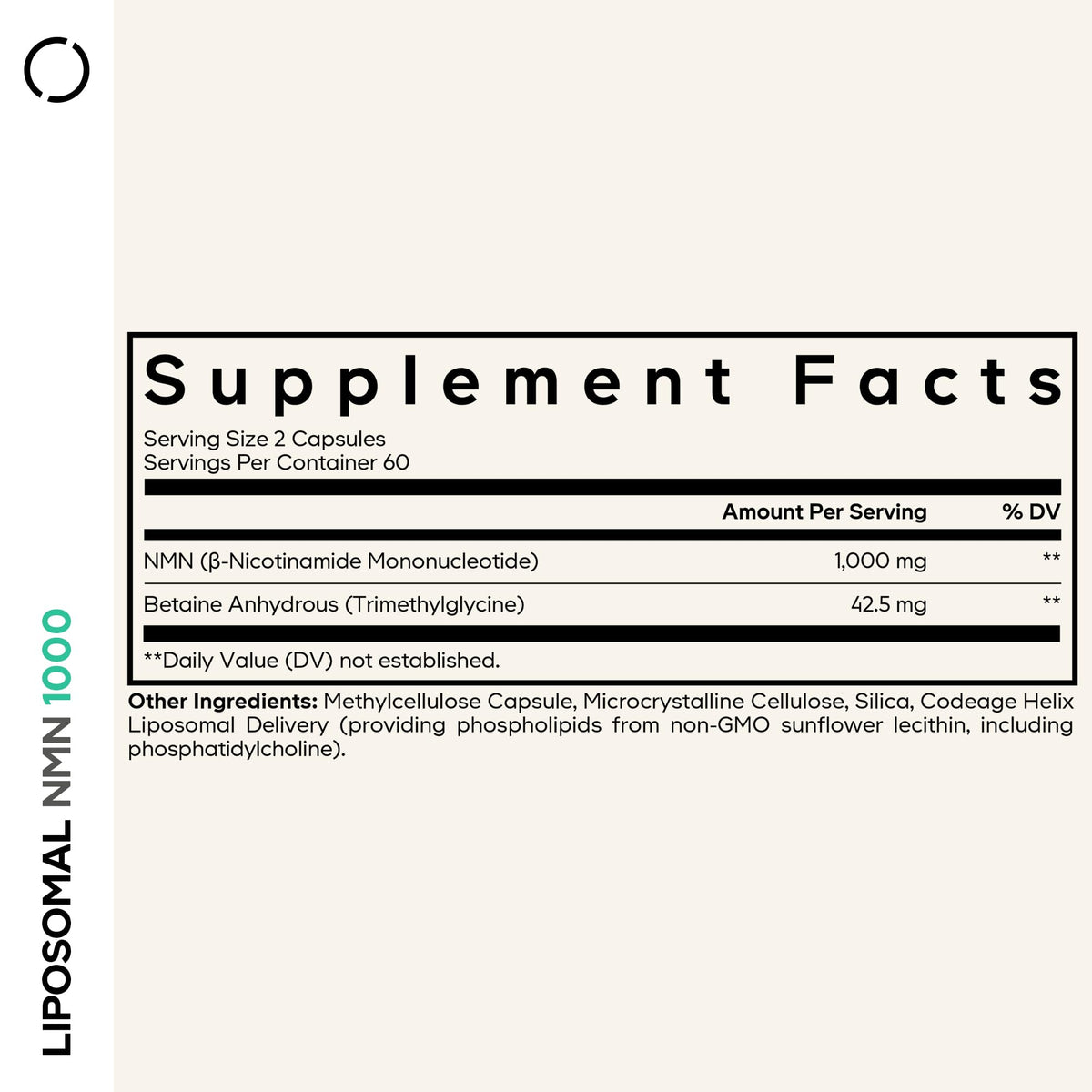Codeage Liposomal NMN 1000mg bouteille - étiquette détaillée