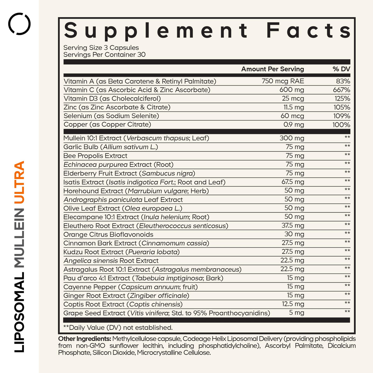 Codeage Mullein Ultra 90 Capsules vue arrière avec liste d'ingrédients