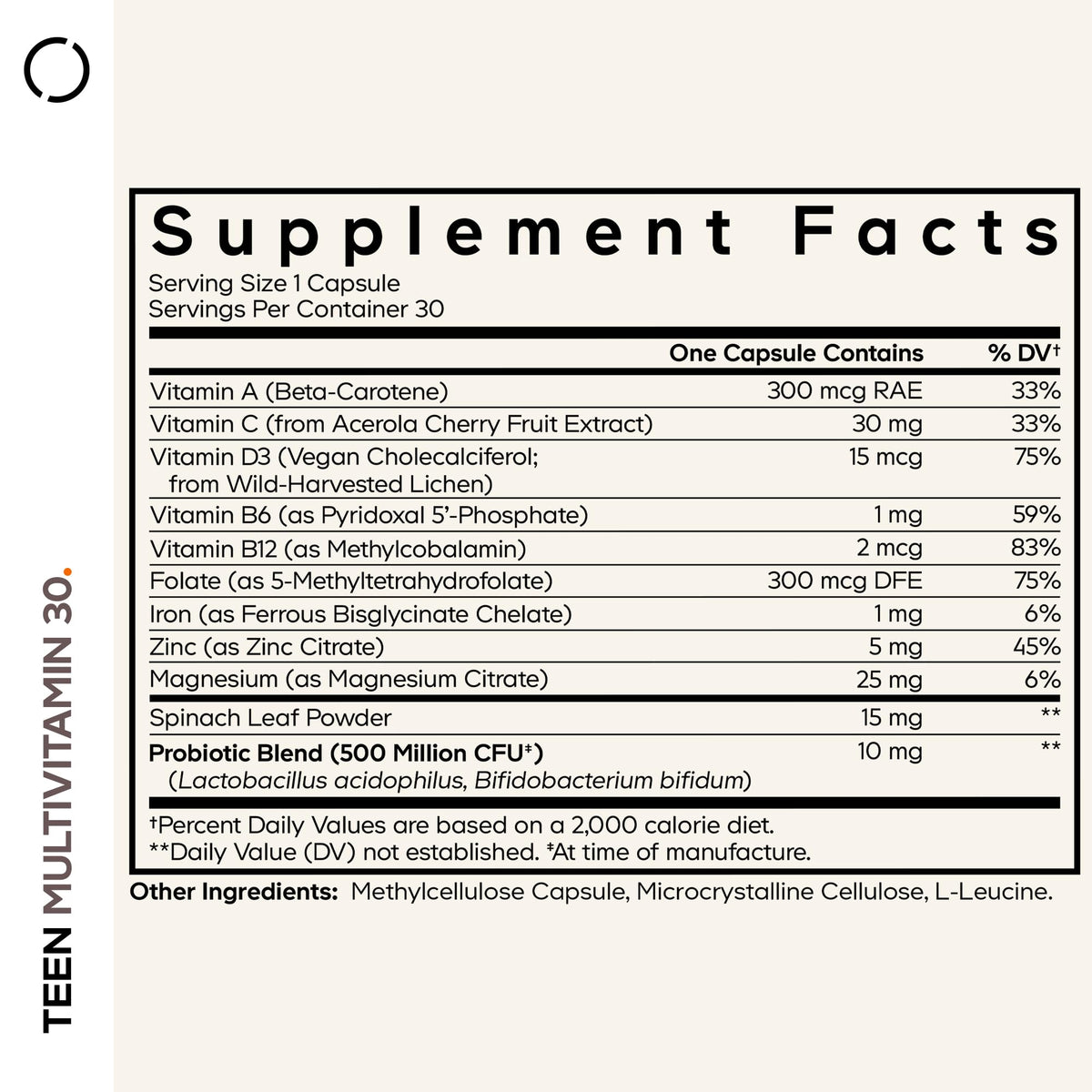 Codeage Multivitamines Teen gélules avec étiquette détaillée