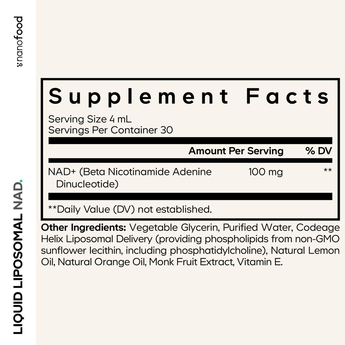 Codeage Nanofood NAD Liquide 100mg étiquette avec mention citron