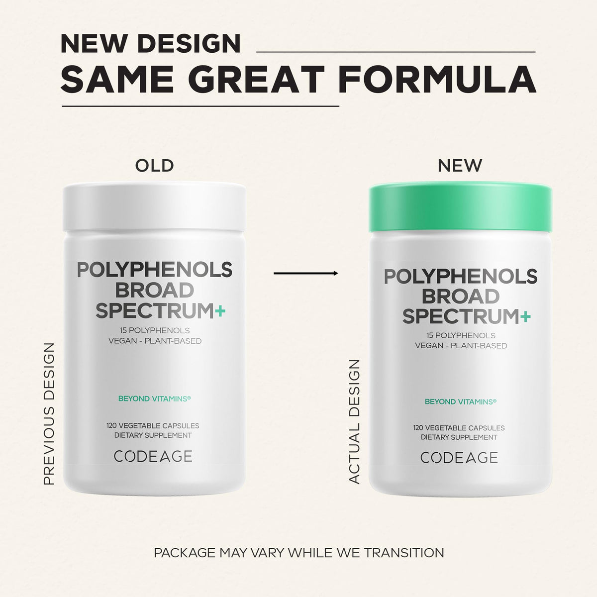 Codeage Polyphenols capsules en gros plan sur la table