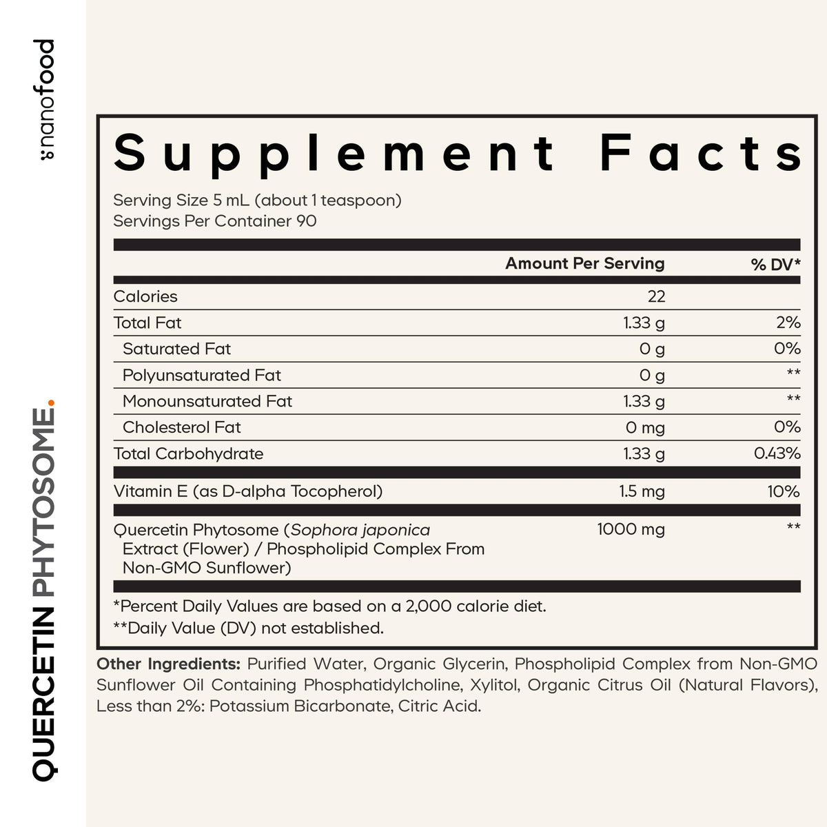 Codeage Quercétine Liquide 1000 mg Phytosome étiquette et dosage