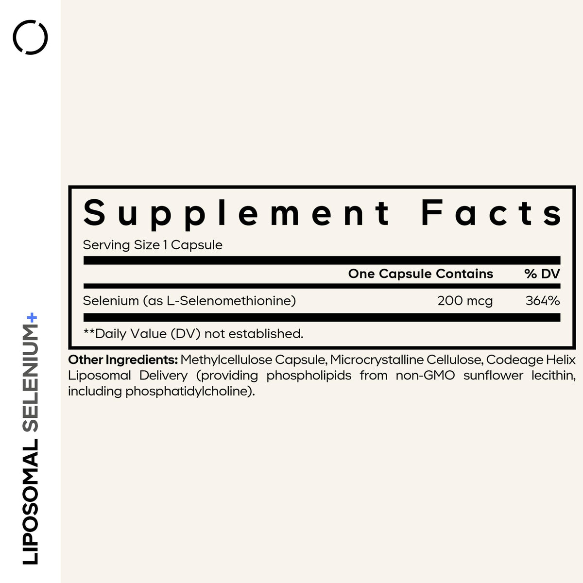 Codeage Sélénium Liposomique 180 capsules avec étiquette détaillant les ingrédients