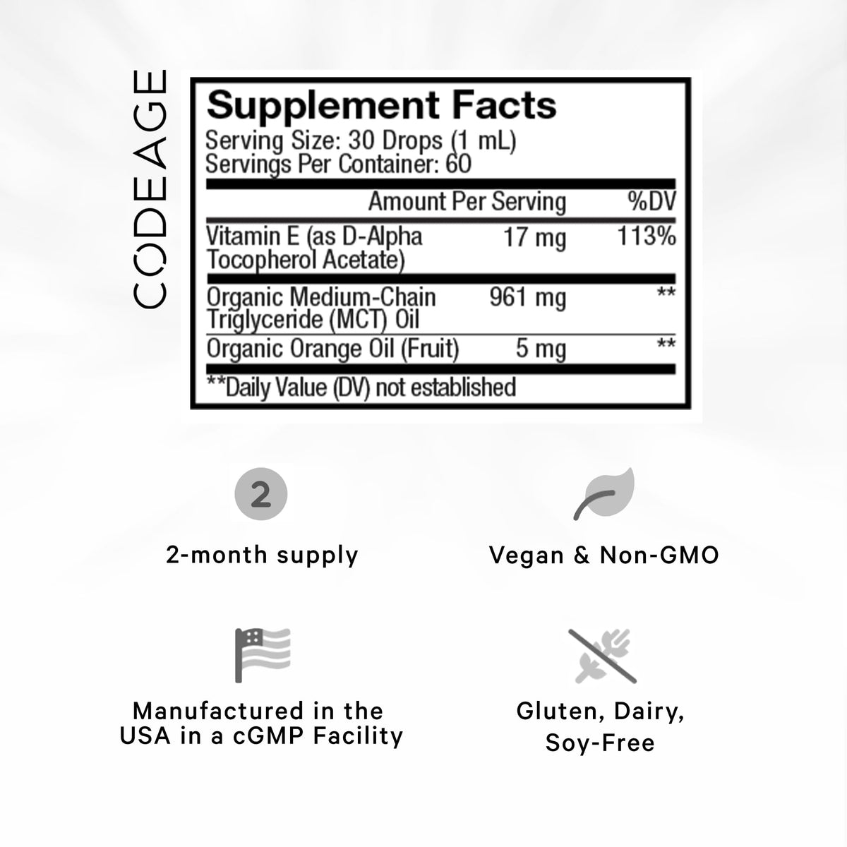 Codeage Vitamine E Liquide Bio étiquette avec ingrédients