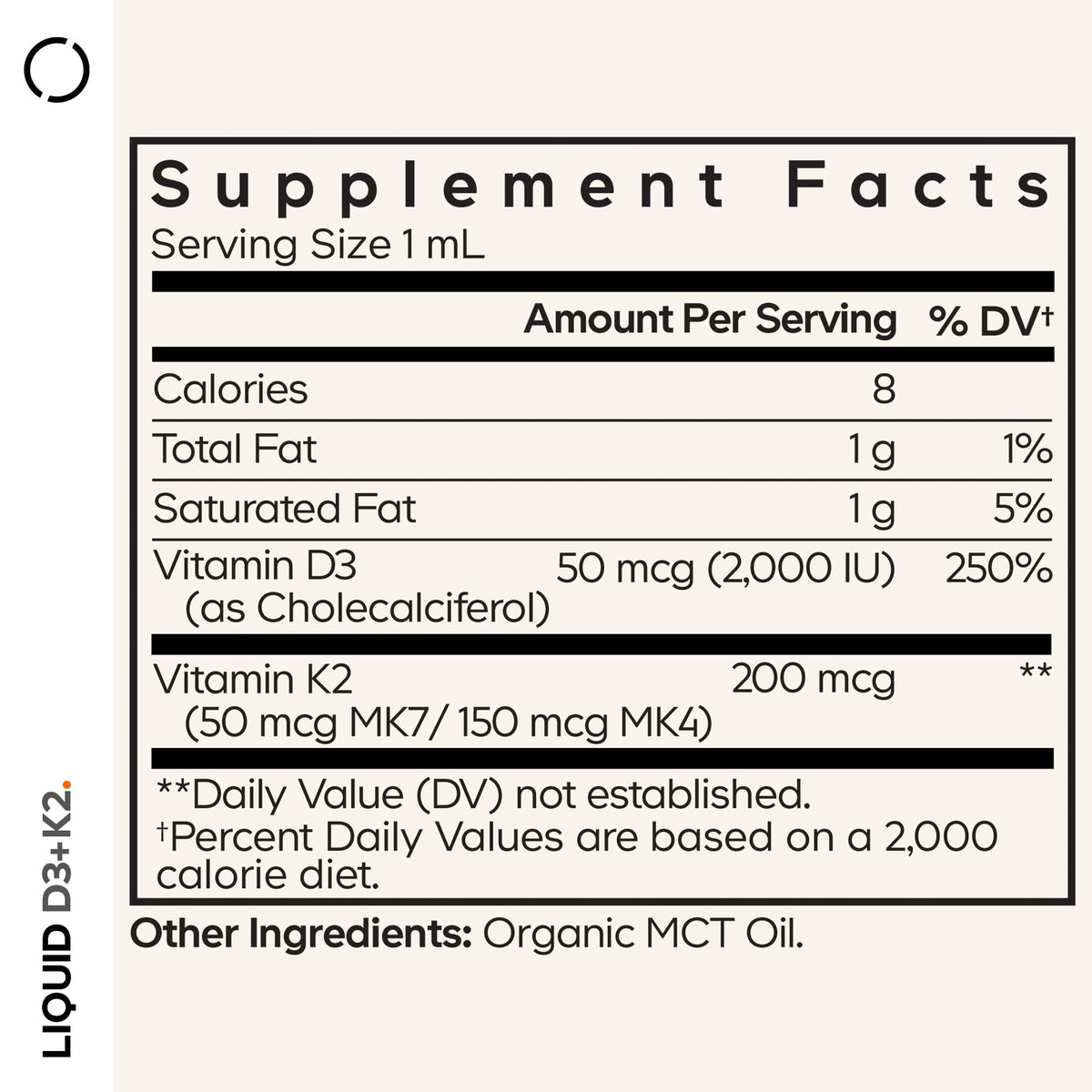 Codeage Vitamines Liquides D3+K2 étiquette avec spécifications