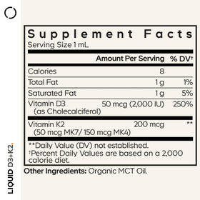 Codeage Vitamines Liquides D3+K2 étiquette avec spécifications