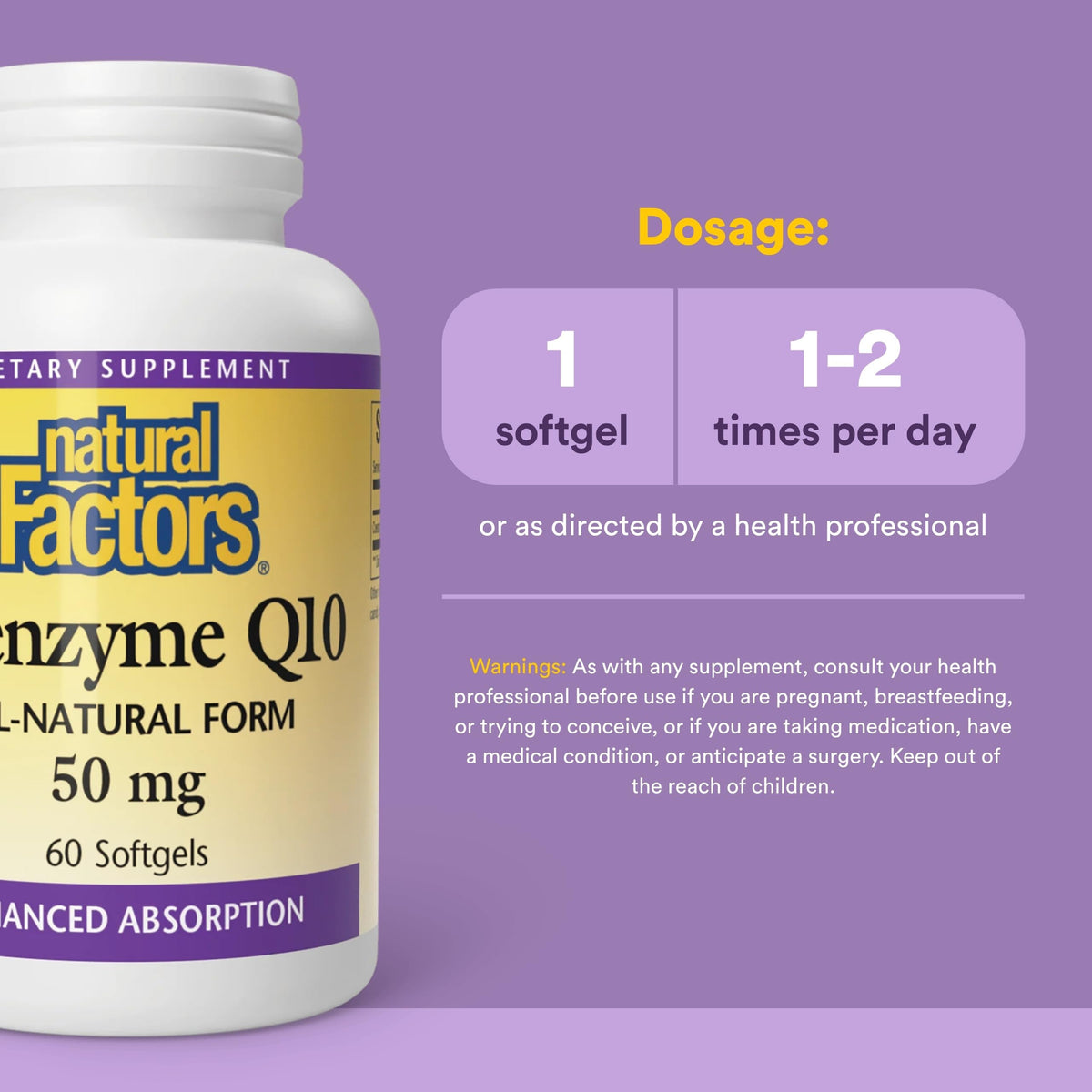 Coenzyme Q10 Natural Factors 50 mg gélules molles dans leur emballage