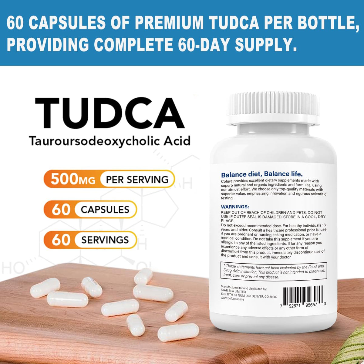 Cofure TUDCA 500mg Complément Alimentaire - Vue de côté du flacon