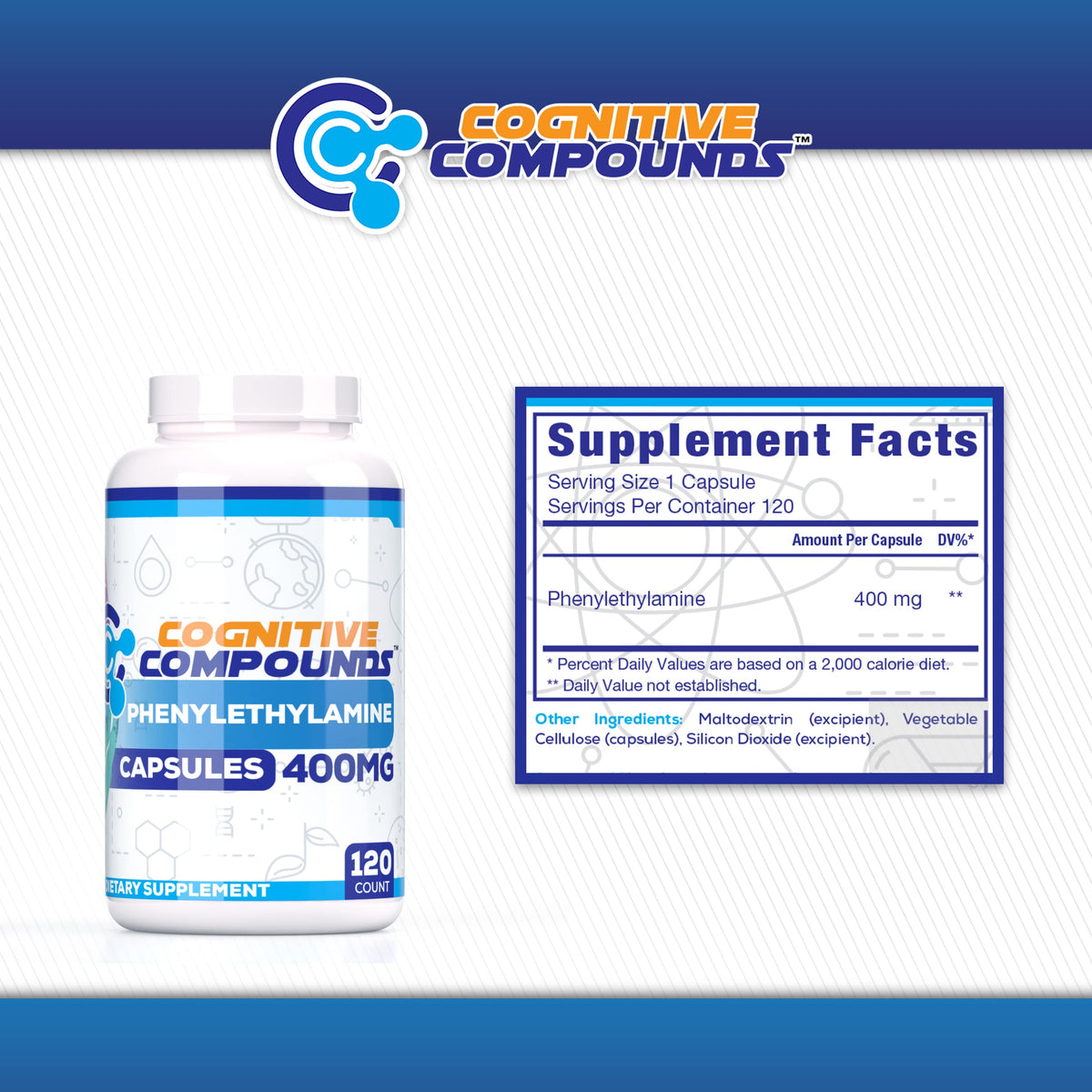 COGNITIVE COMPOUNDS Capsules de Phényléthylamine 120 unités avec étiquette