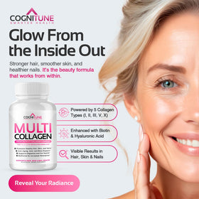 CogniTune Multi Collagen Peptides 120 Capsules avec un verre d'eau