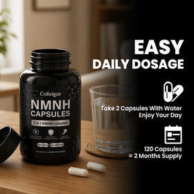 Colivigor NMNH 1000mg capsules à côté d'un verre d'eau