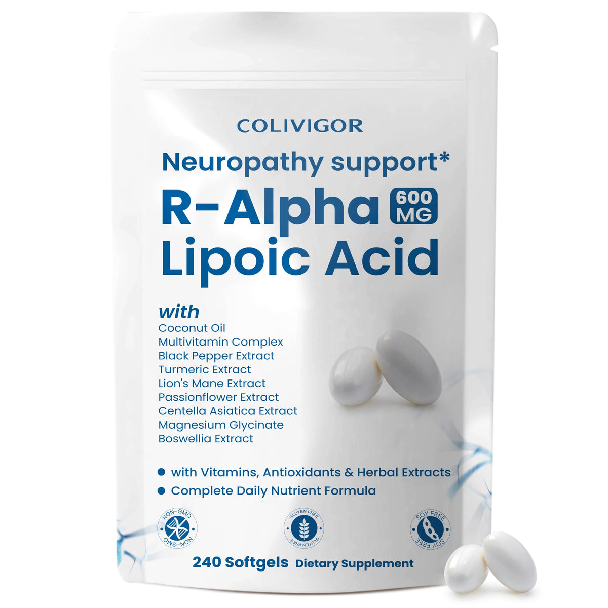 Colivigor R-Alpha Lipoic Acid 600mg 240 gélules molles, vue de l'avant