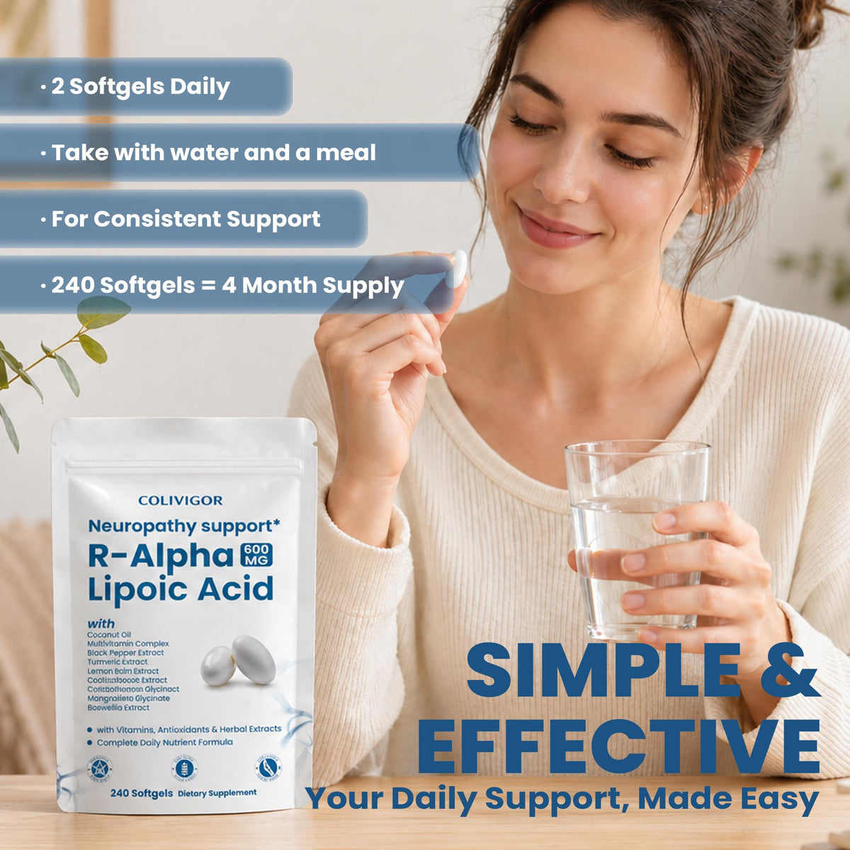Colivigor R-Alpha Lipoic Acid 600mg, prise avec un verre d'eau