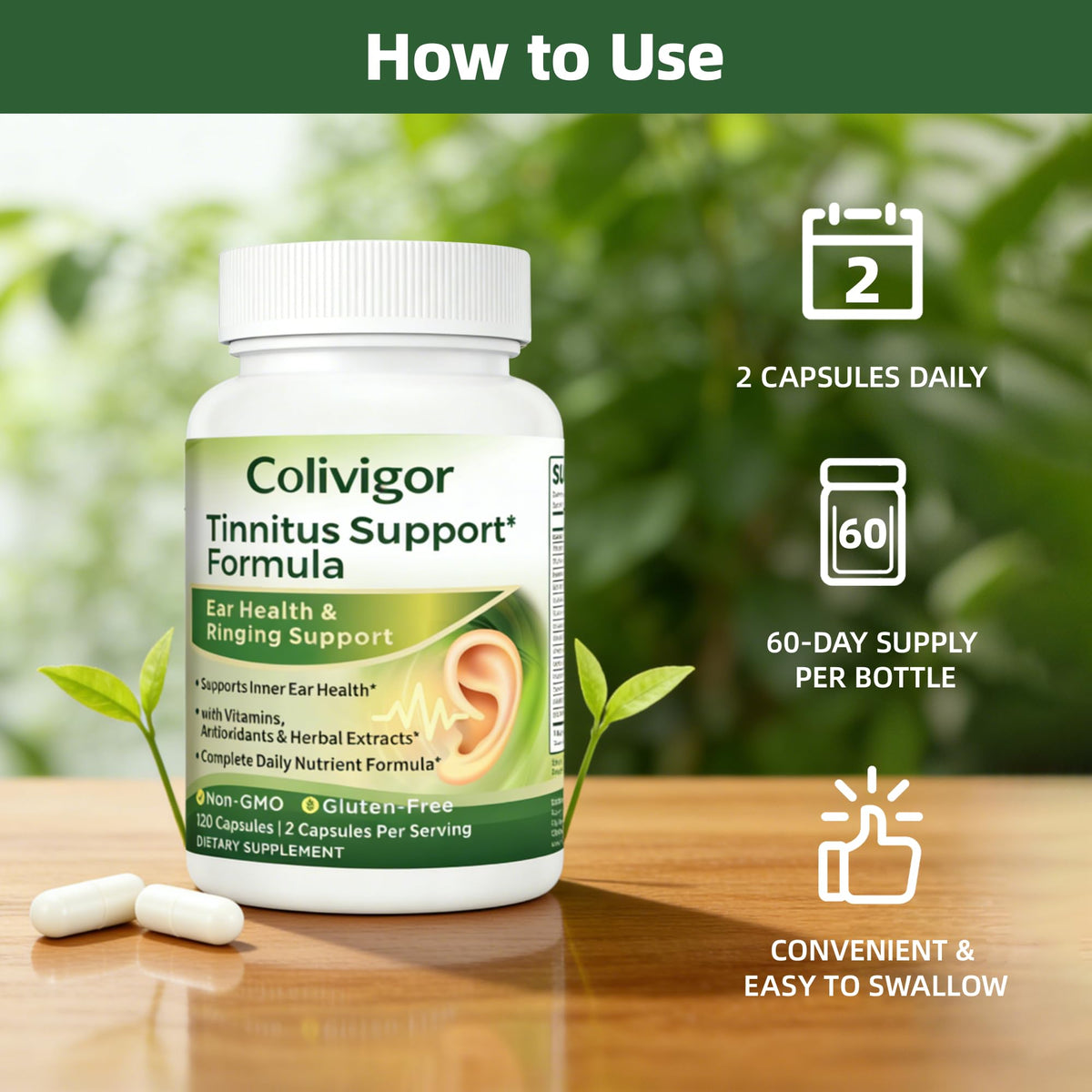 Colivigor Tinnitus 120 capsules - ingrédients naturels sur fond blanc