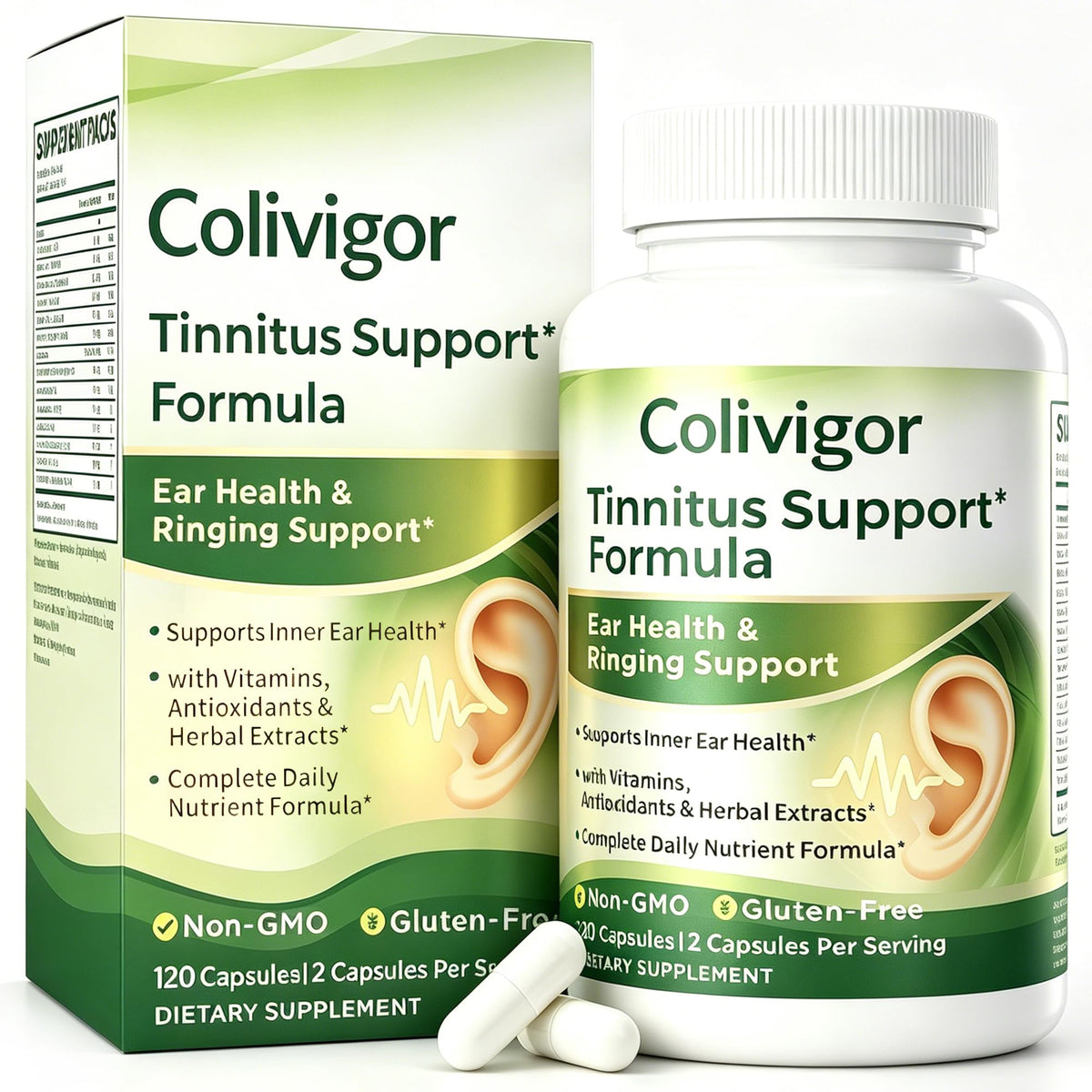 Colivigor Tinnitus 120 capsules - vue de face du flacon