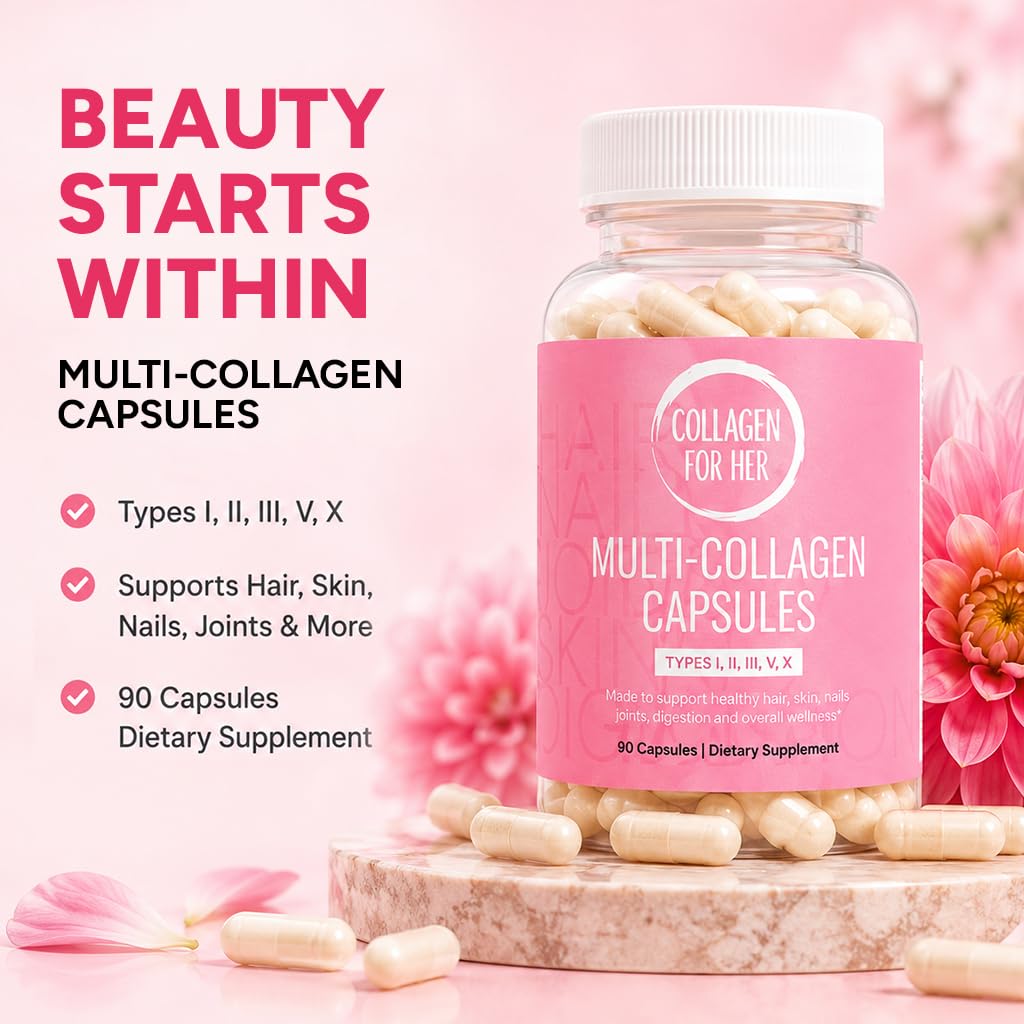 Collagen For Her Multi-Collagène capsules sur un fond naturel