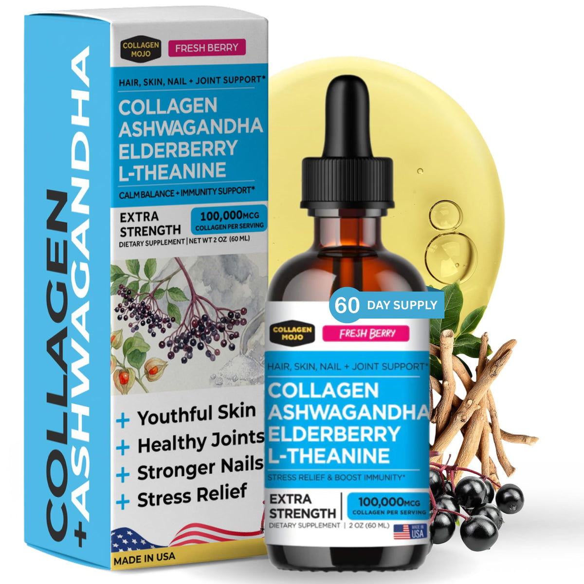 Collagen Mojo collagène liquide Ashwagandha 100000mcg flacon avant