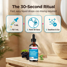 Collagen Mojo collagène liquide Ashwagandha et verre d'eau
