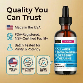 Collagen Mojo collagène liquide Ashwagandha sur une table en bois