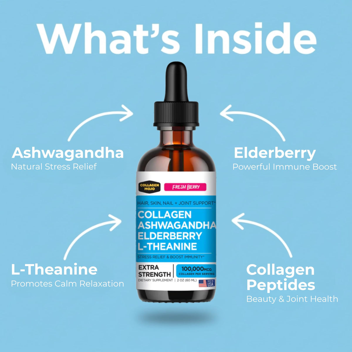 Collagen Mojo collagène liquide Ashwagandha vue arrière du flacon