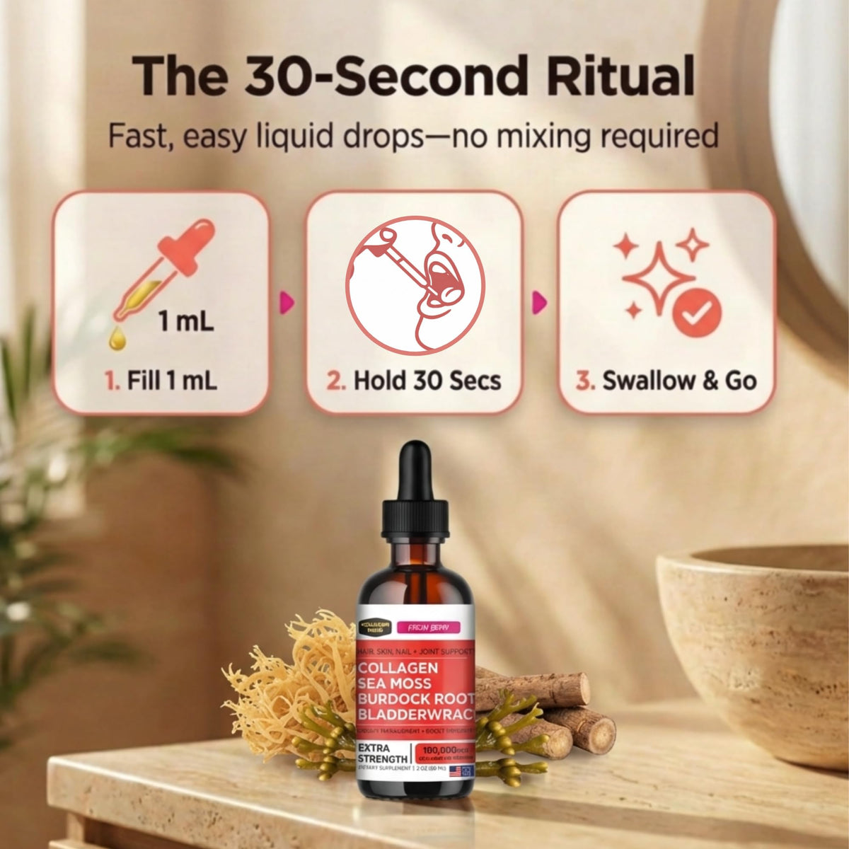 Collagen Mojo Collagène Liquide avec ingrédients naturels autour