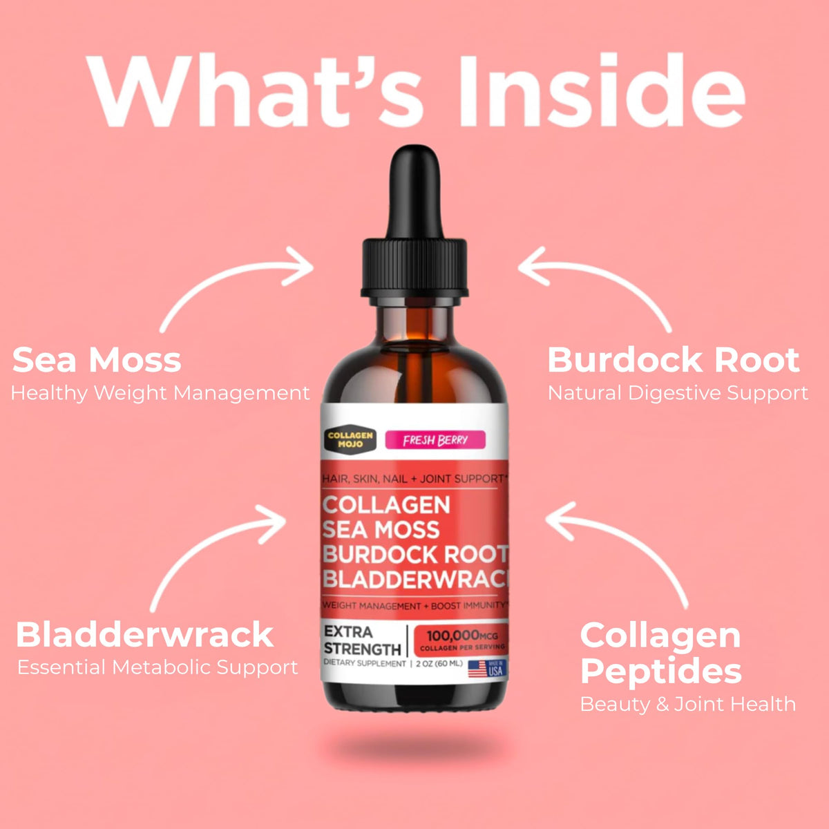 Collagen Mojo Collagène Liquide bouteille sur fond blanc