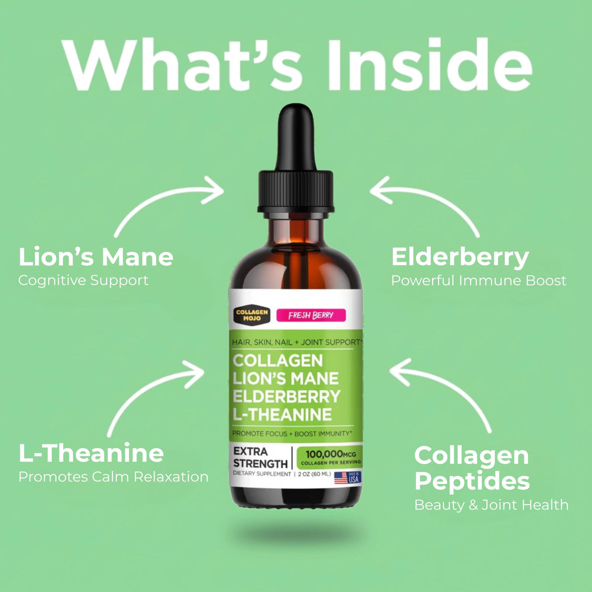 Collagen Mojo collagène liquide Lion's Mane ingrédients sur l'étiquette