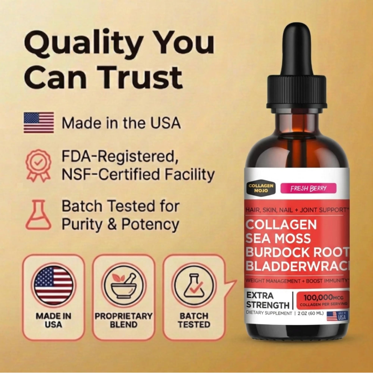 Collagen Mojo Collagène Liquide sur une table en bois