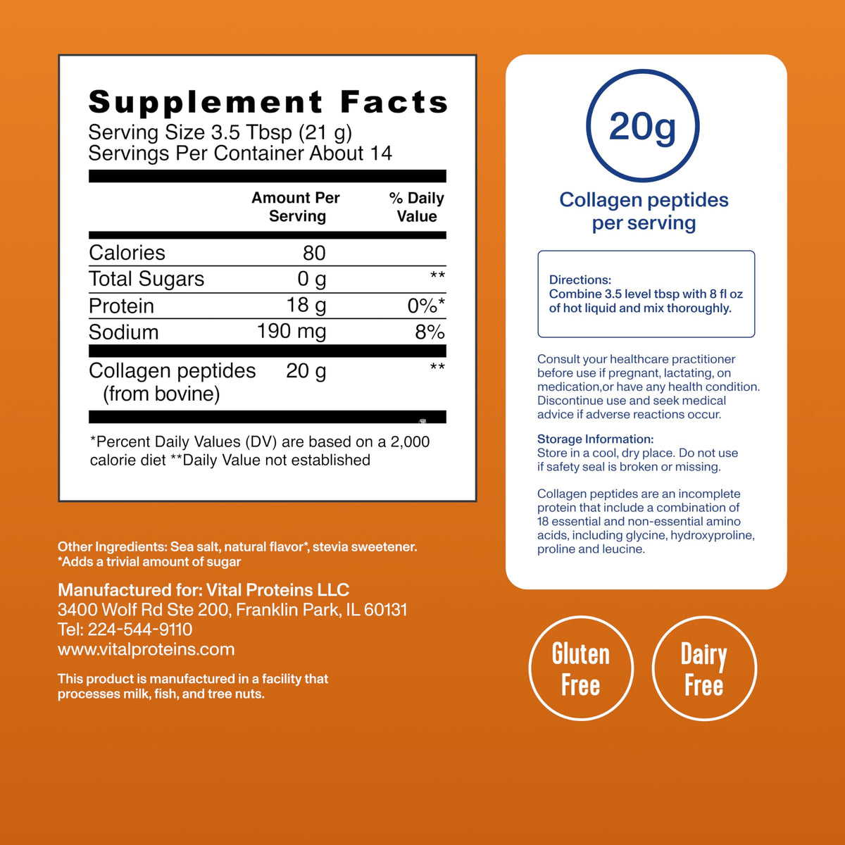 Collagen Peptides Caramel Salé de Vital Proteins, mesure de poudre dans une cuillère