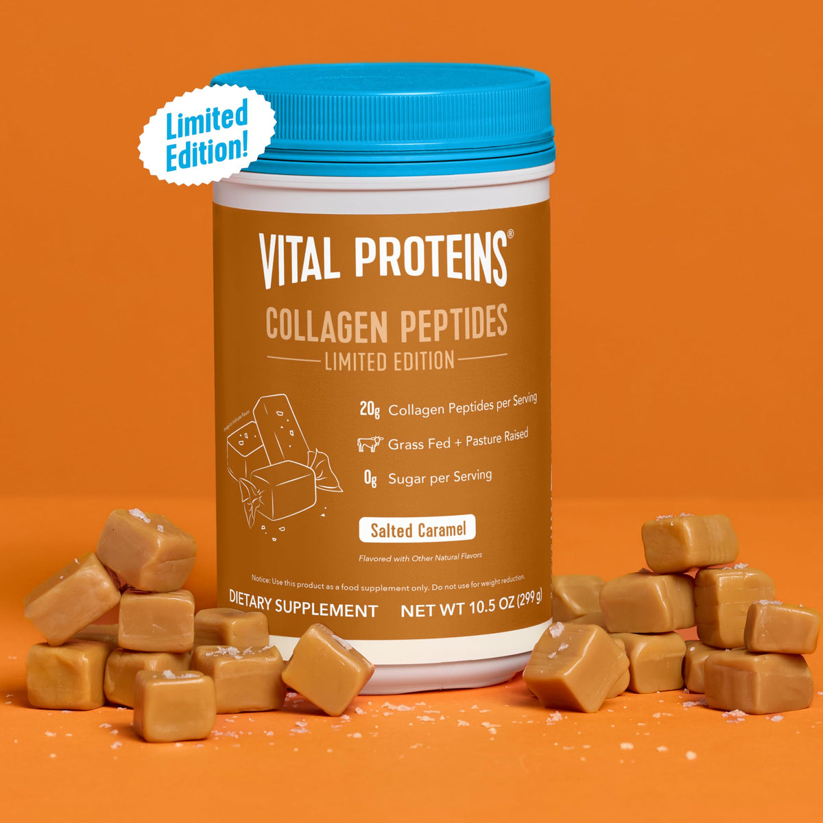 Collagen Peptides Caramel Salé de Vital Proteins, vue de côté