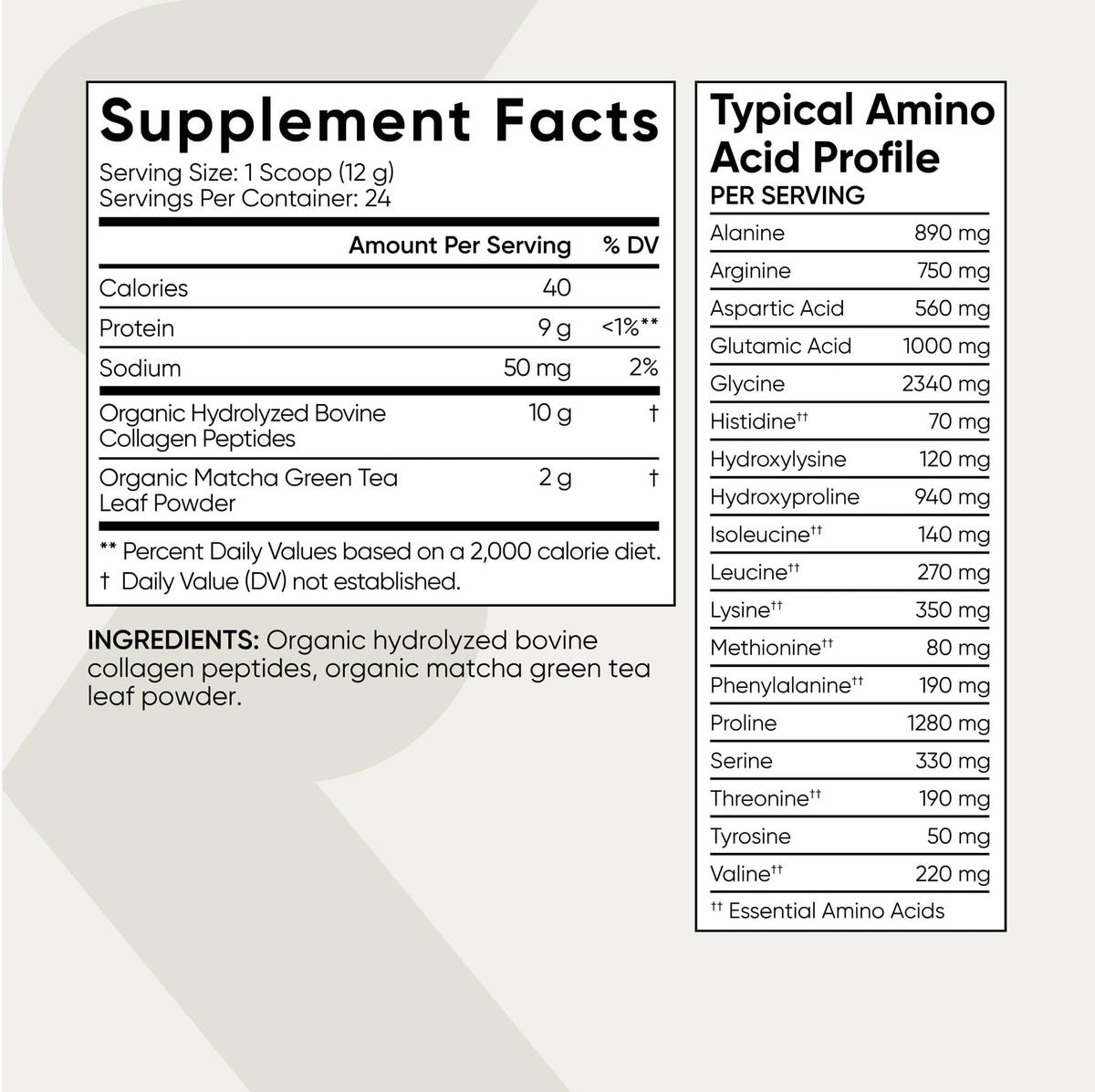 Collagen Peptides Sports Research avec Matcha 381g étiquette zoomée