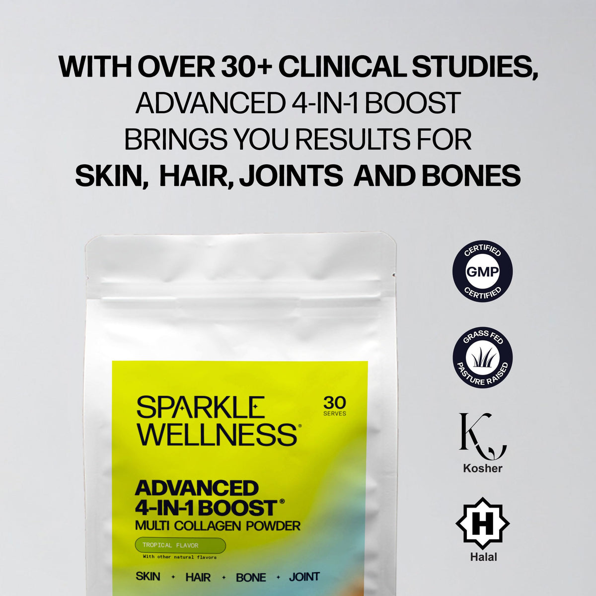Collagène 4-en-1 Sparkle Wellness sur une table avec des ingrédients