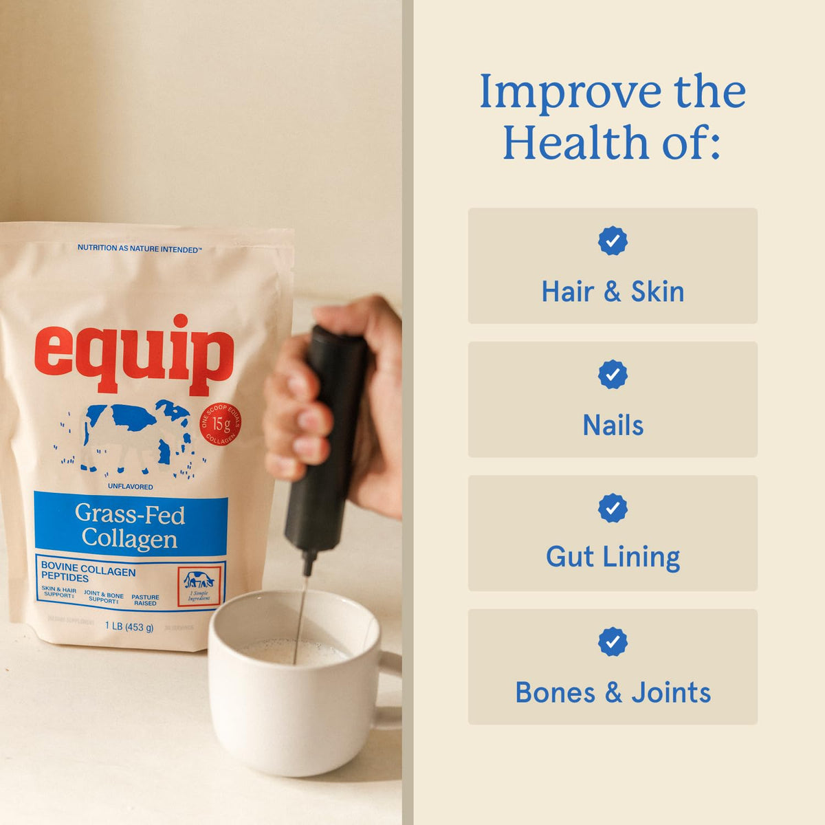 Collagène Equip avec une cuillère, vue sur les ingrédients
