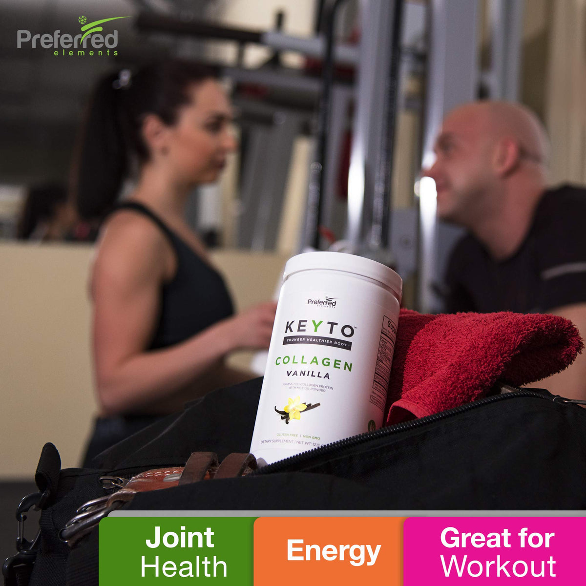 Collagène keto Preferred Elements sur une table avec des ingrédients