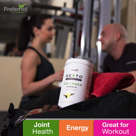 Collagène keto Preferred Elements sur une table avec des ingrédients