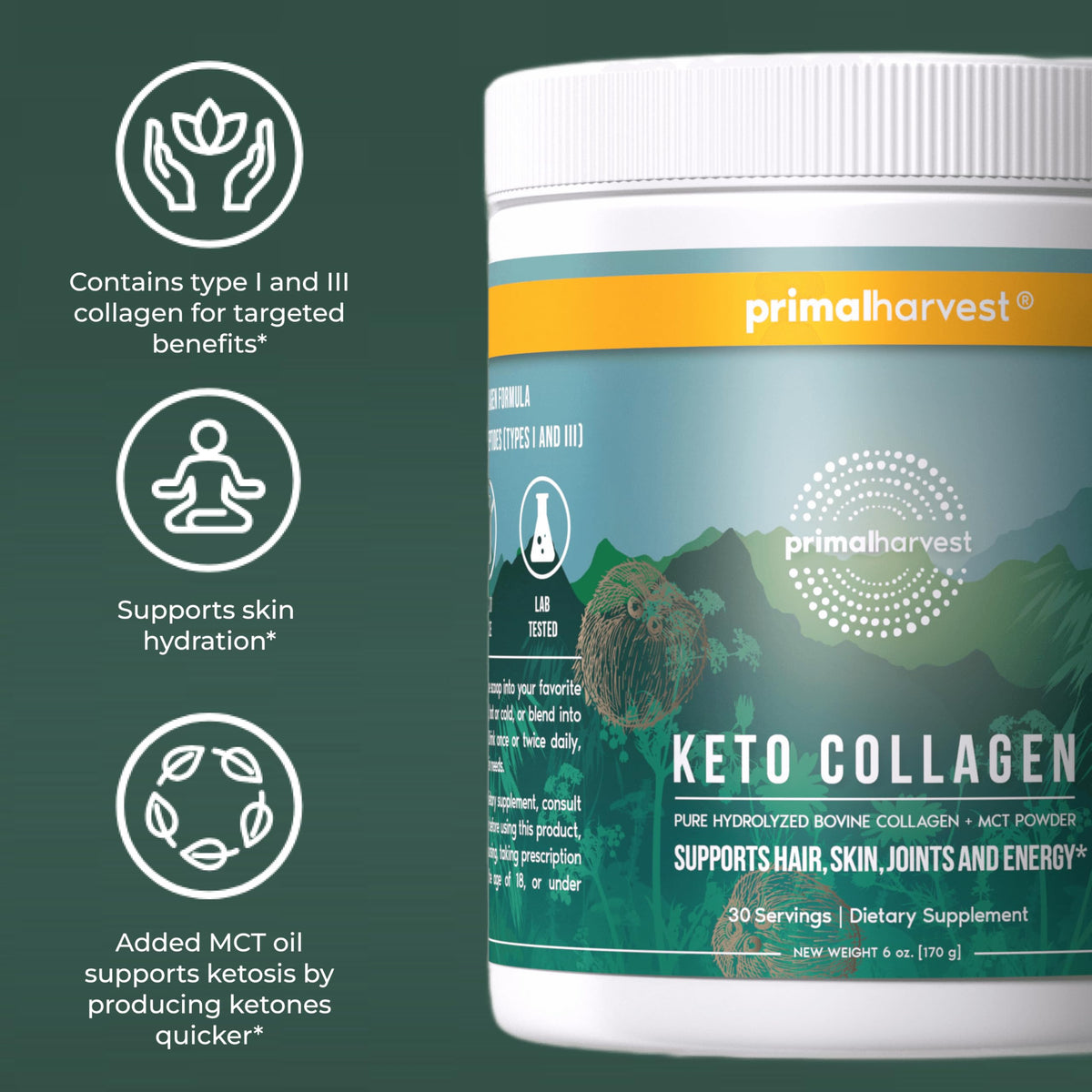 Collagène Keto Primal Harvest avec huile MCT en arrière-plan