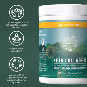 Collagène Keto Primal Harvest avec huile MCT en arrière-plan
