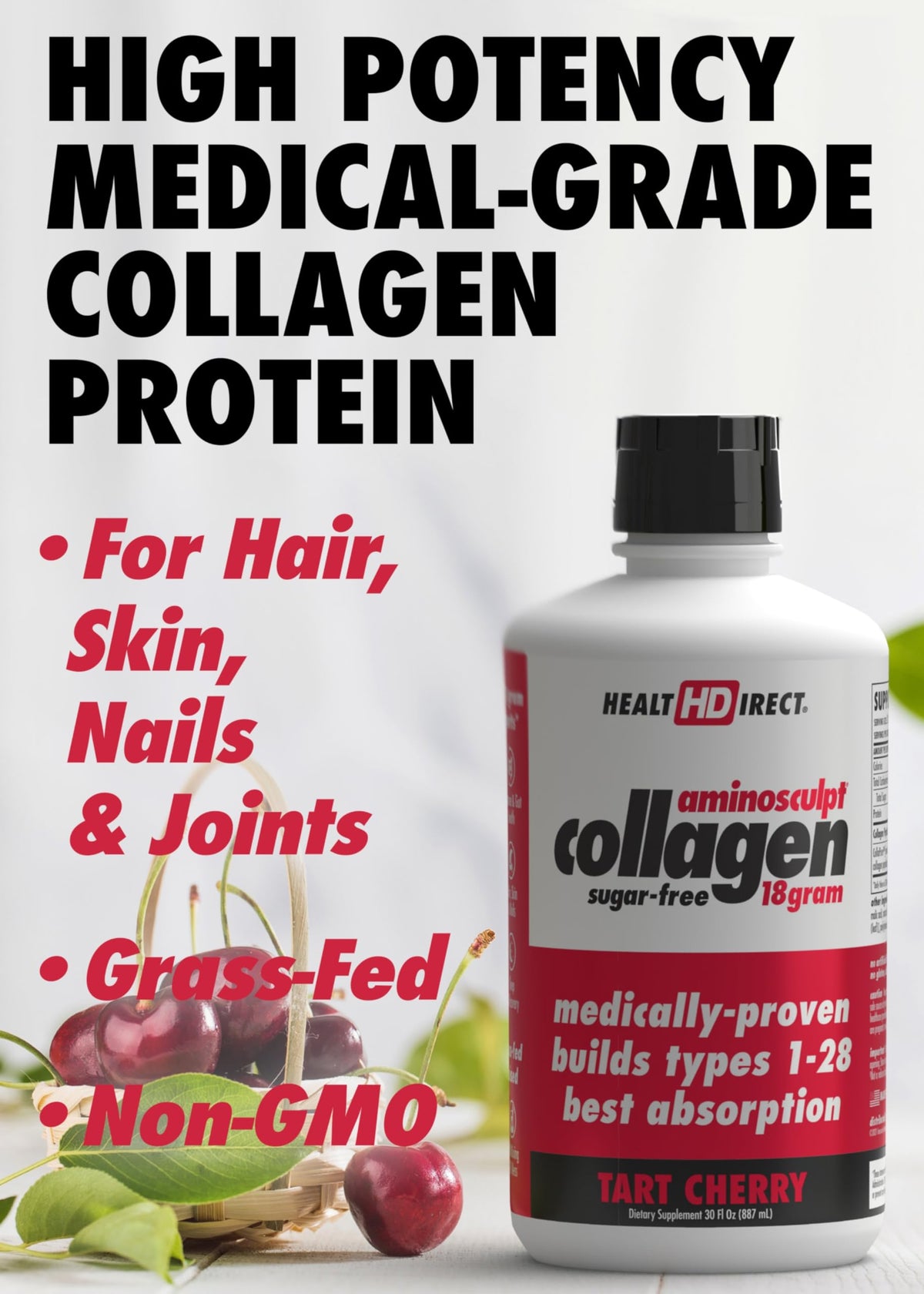 Collagène liquide AminoSculpt affichant le dosage de 16g par portion