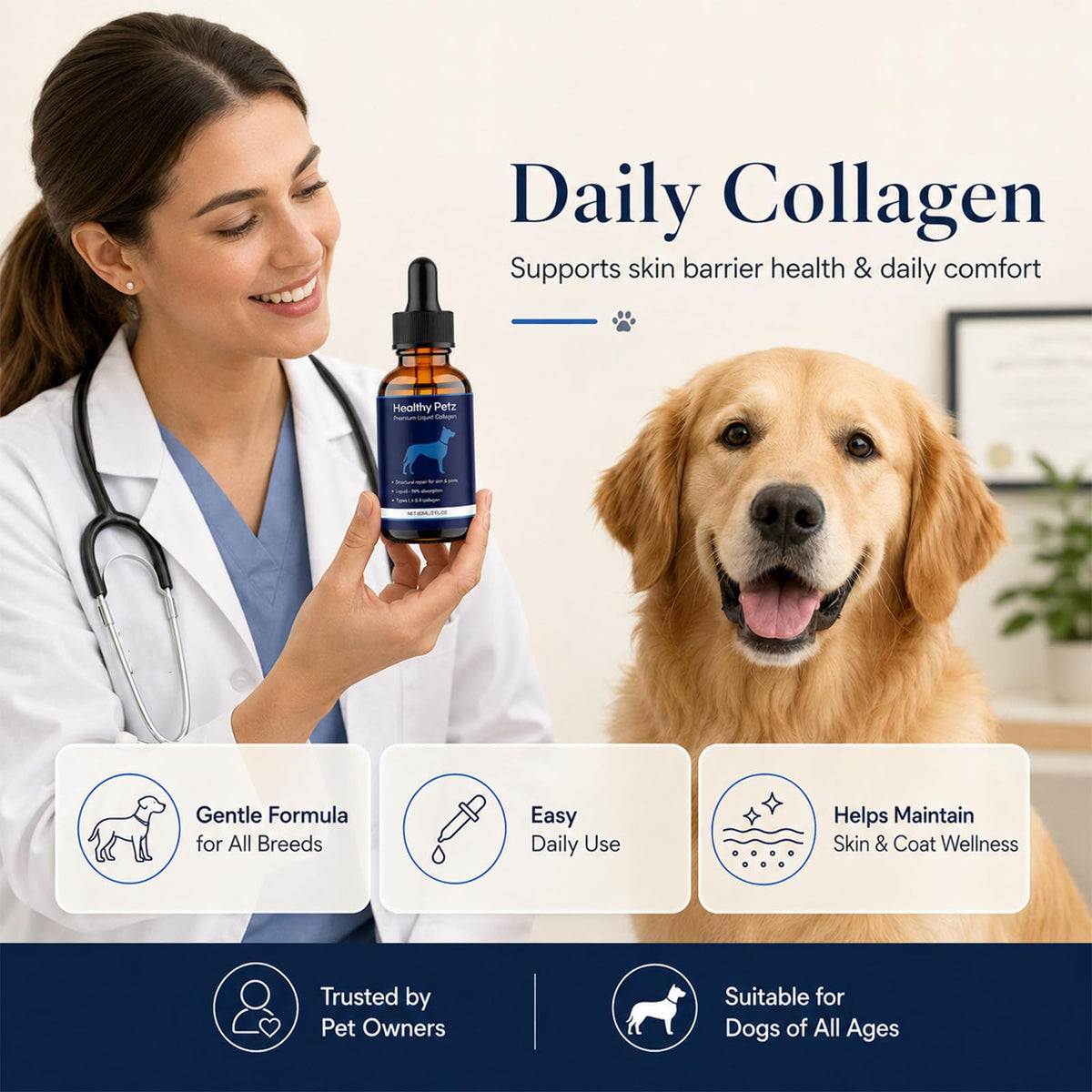 Collagène liquide HEALTHY PETZ avec un chien en arrière-plan