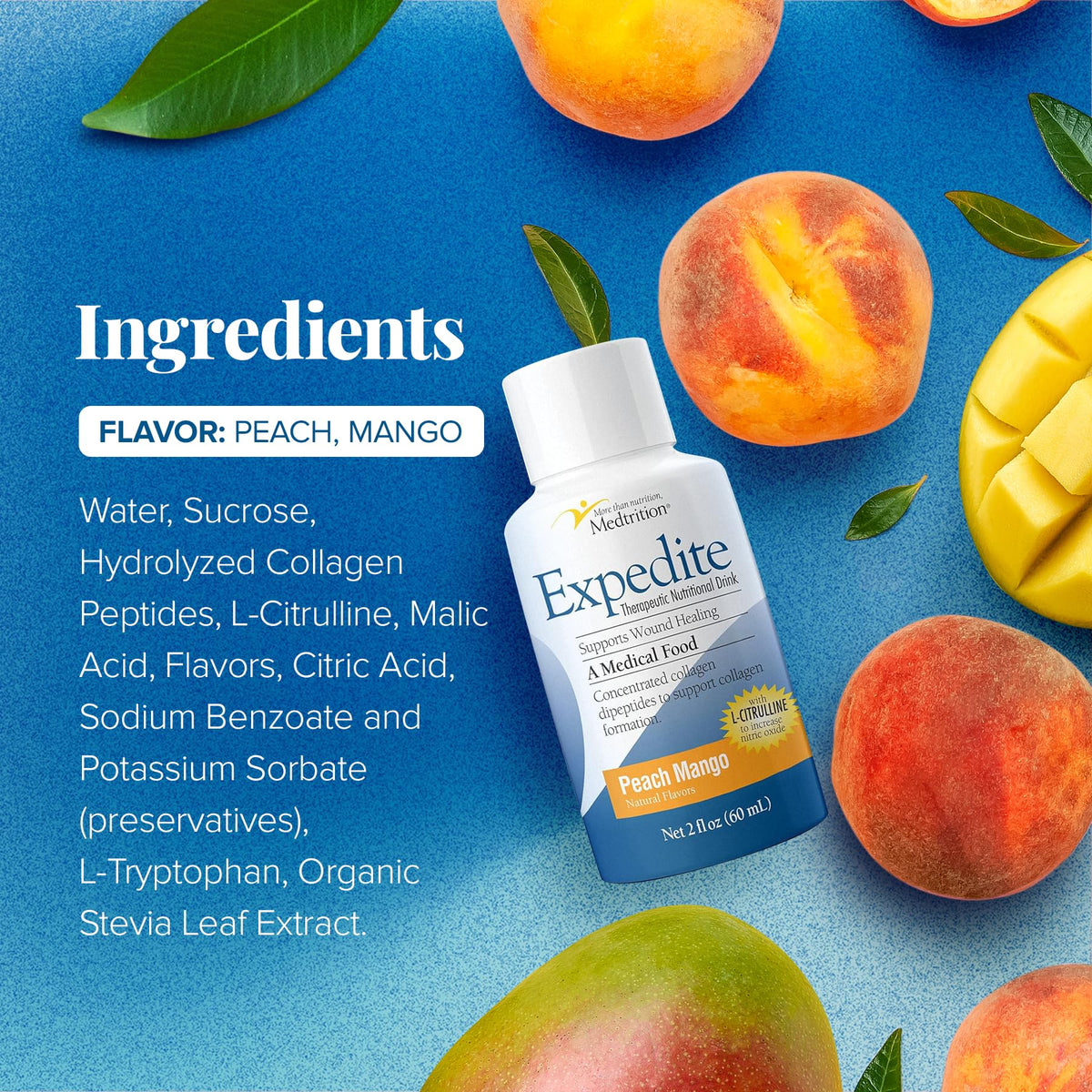 Collagène liquide Medtrition Pêche Mangue sur une table