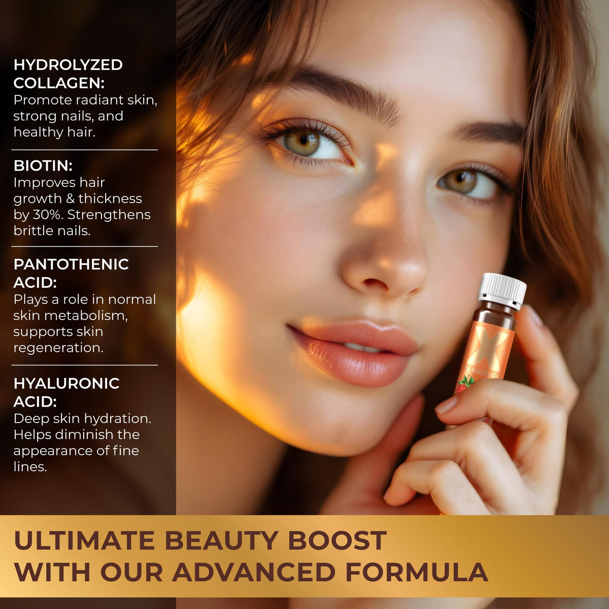 Collagène liquide XParadigm 20ml fraise, mise en scène sur une table