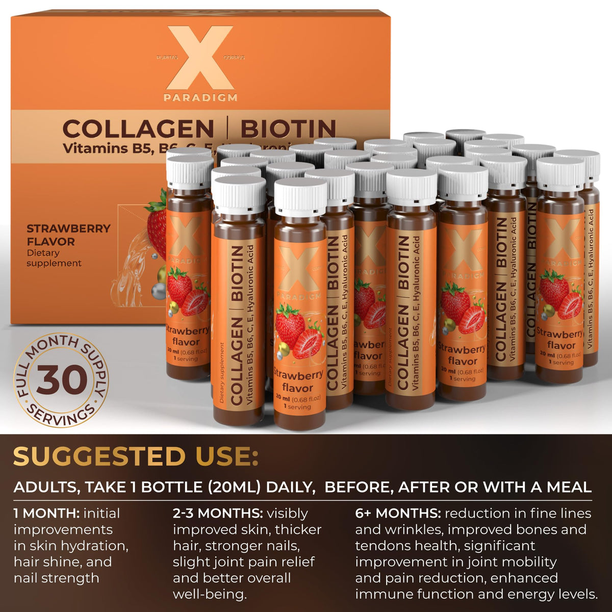 Collagène liquide XParadigm 20ml fraise, utilisation quotidienne